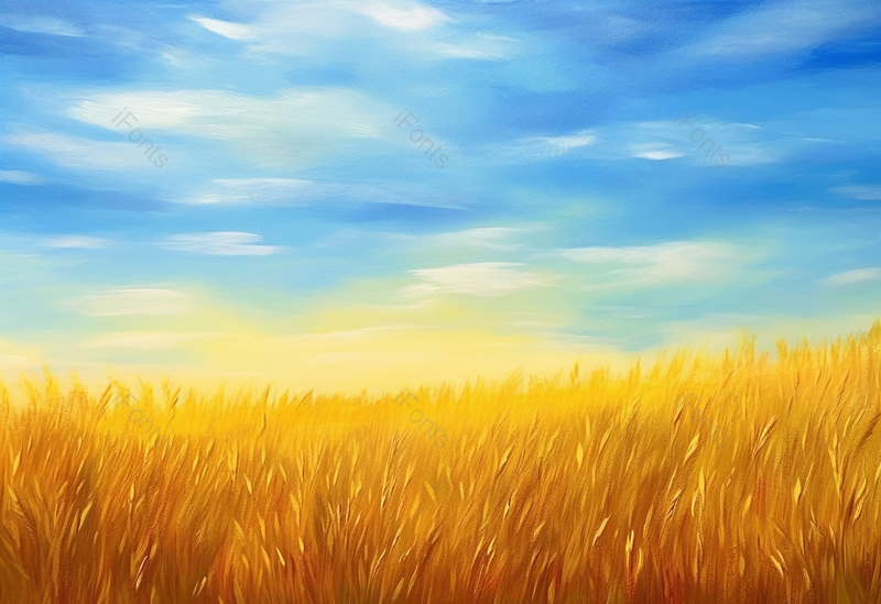 夏日田野油画蓝天白云丰收的季节金黄色成熟的小麦麦穗手绘插画,插画/手绘图,插画/手绘图库,插画/手绘图下载,插画/手绘